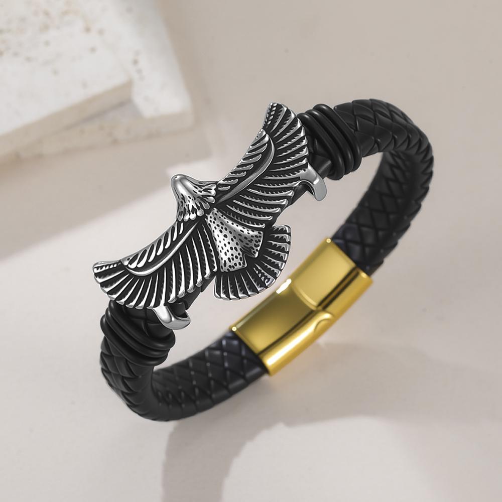 Dawapara Punk Flying Eagle Owl Bangle Bracelet 20cm Black Leather Wristband for Men Stainless Steel Jewelry