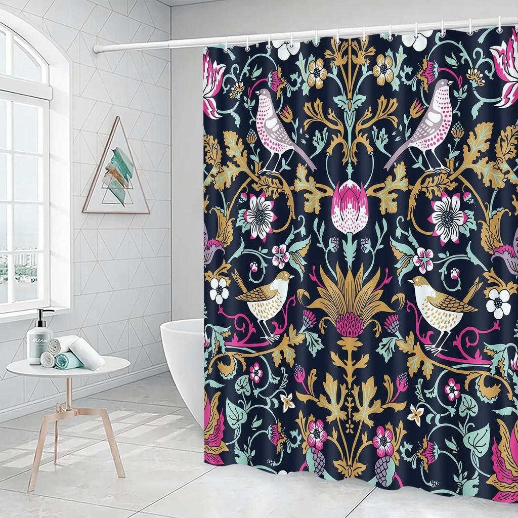 Vintage Garden Art Floral Shower Curtain, Heavy Weight Fabric, Washable Bath Curtains for Bathroom