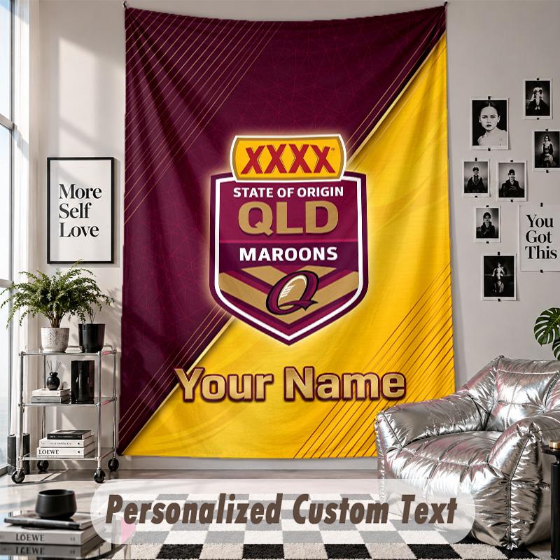 Wall Hanging Tapestry With Custom Name & Text, Queensland Maroons Decorative Tapestry For Bedroom