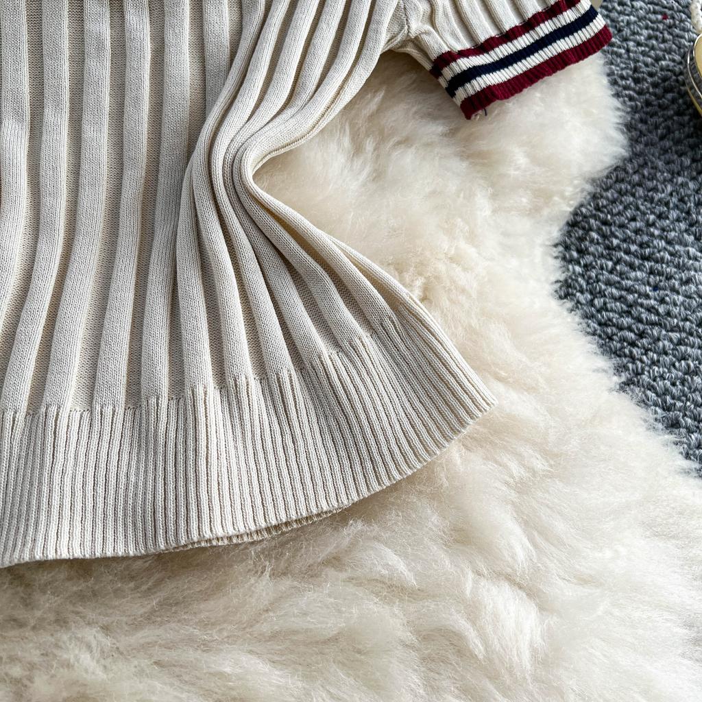 Summer Women College Style Knitted Sweater Two Piece Set Girl Polo Collar Pullover Top and Mini Pleated Skirt Suit