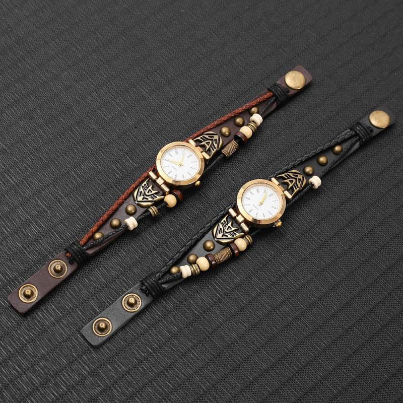 Minimalist Vintage Leather Quartz Watch Women Round Dial 28mm Punk Style Wristwatch With Braided Strap