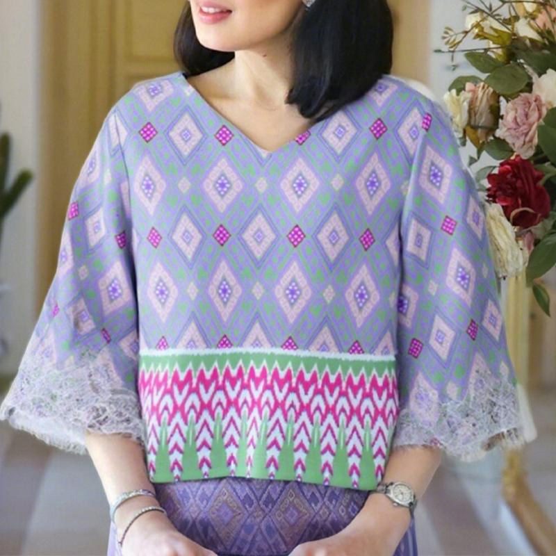 

ZANZEA Женская блузка с кружевной вставкой, рукавом 3/4, свободного кроя, повседневная, с V-образным вырезом и принтом S зелёный