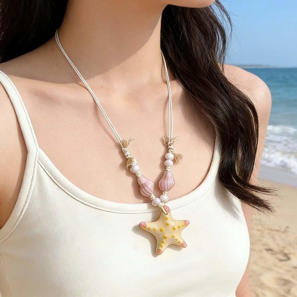 Contrast Color Blue Starfish Collarbone Chain Beads High-end Stacked Beaded Necklace Simulation Handmade Exquisite Neck Pendant