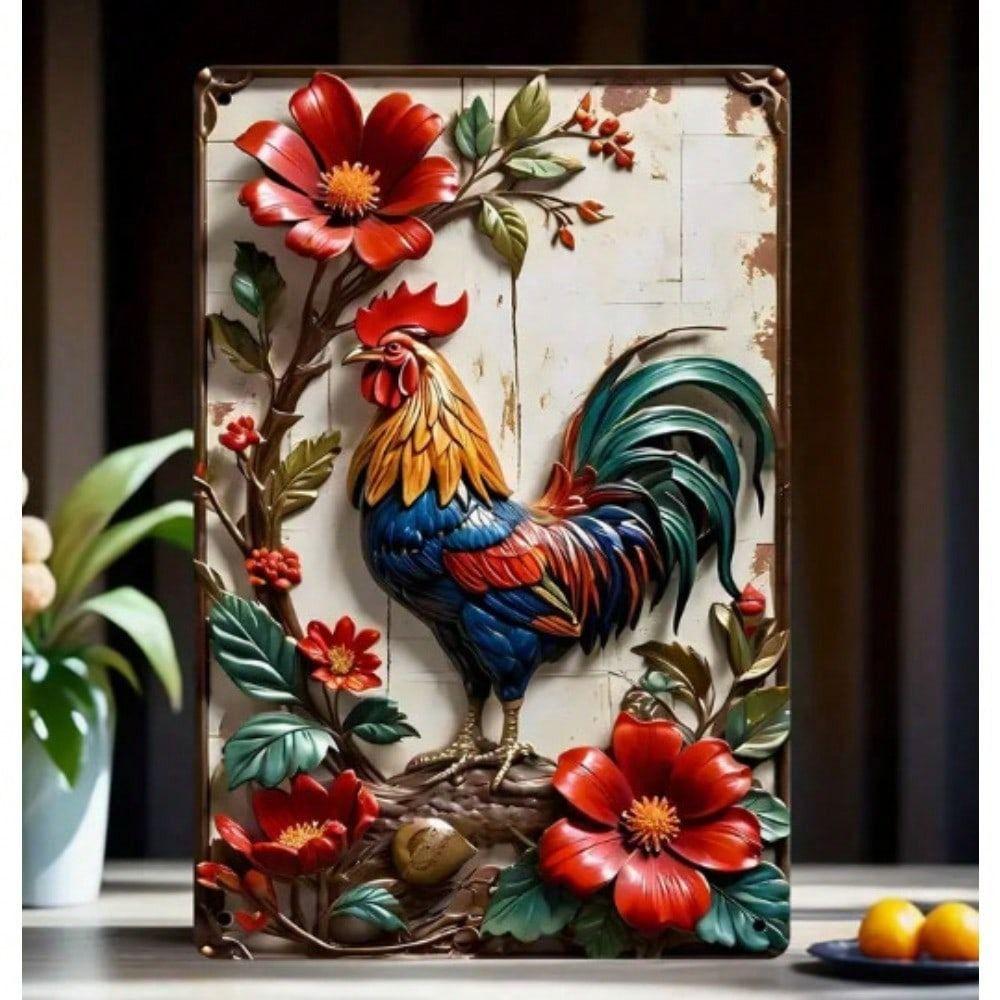 Metal Rooster Sign Vintage Farmhouse Decor Rustic Chicken Coop Art 20x30 cm