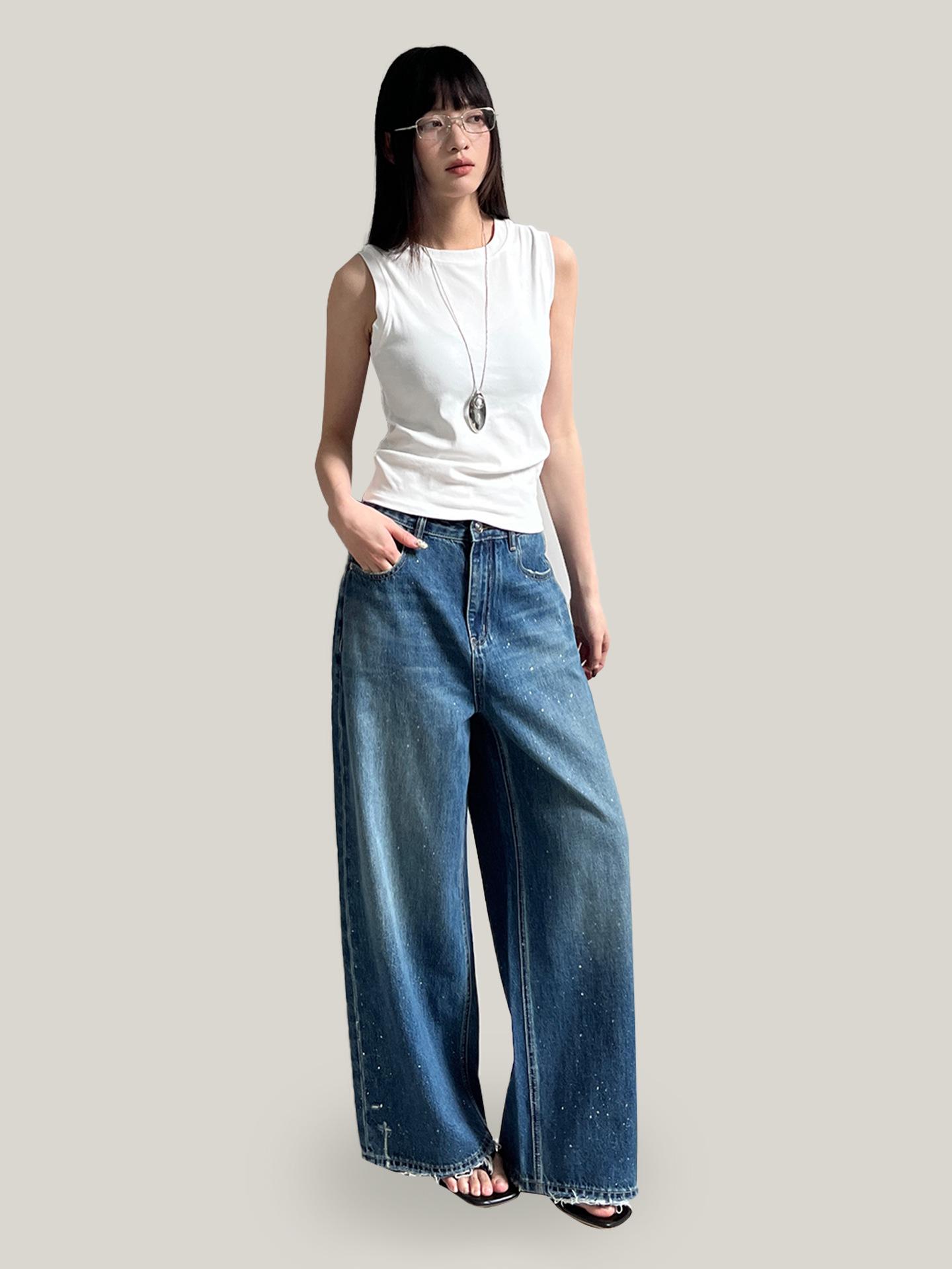 

Yuyi 2026 American-Style Paint Splatter Wide-Leg Distressed Women s Jeans, Ripped Casual Long Pants (CY1458) XL (up to 65 kg) синий