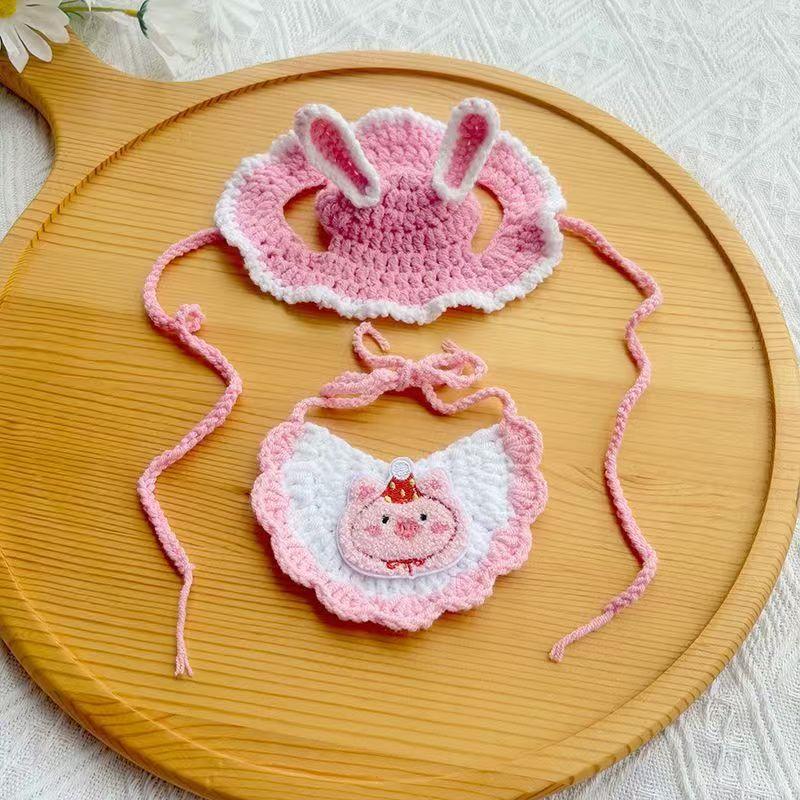 Pet Birthday Decoration Set Knitted Cat Bibs Hats Crochet Dogs Scarves Decorative Cat Collar Necklace Pet Birthday Party Essentials Kit