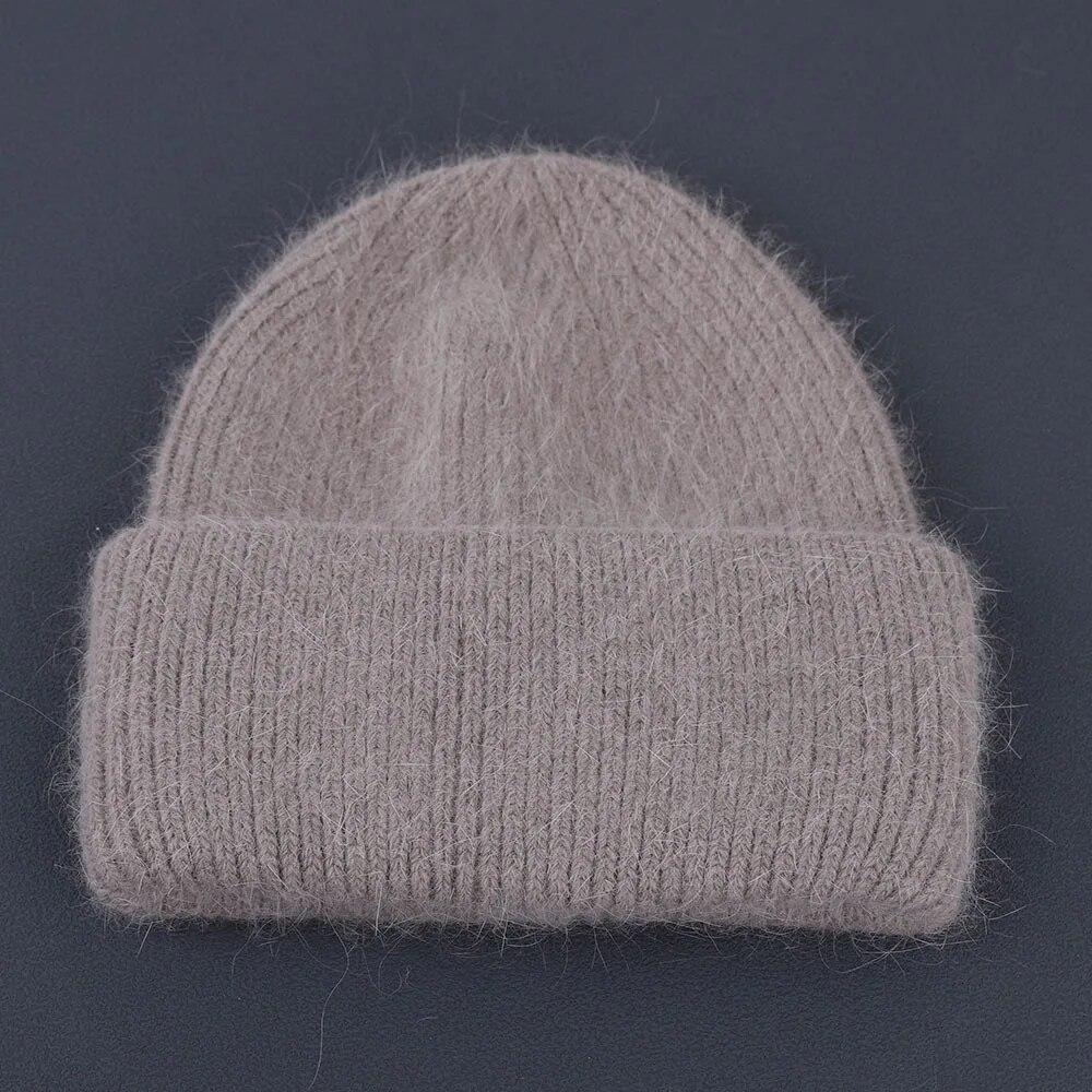 Winter Real Rabbit Fur Knitted Beanies For Women Fashion Solid Warm Cashmere Wool Skullies Beanies Female Fold Thick Hats