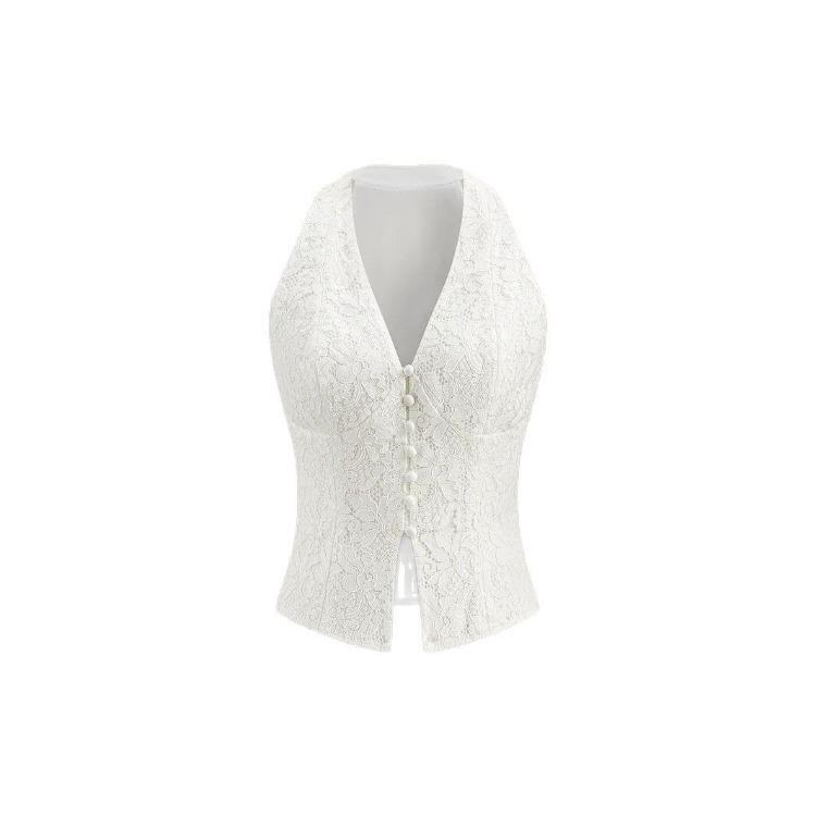 Elegant Slim Lace Edge V Neck Top Women Sleeveless Design Sensible Single Breasted