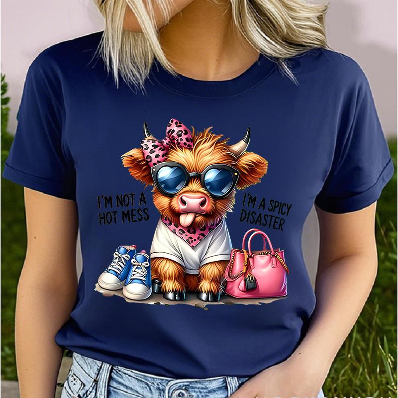 Polyester 100% Couple's Funland Cow Pattern T-shirt Print Fashion Casual Round Neck Short Sleeve Top for Stylish Comfort  Summer
