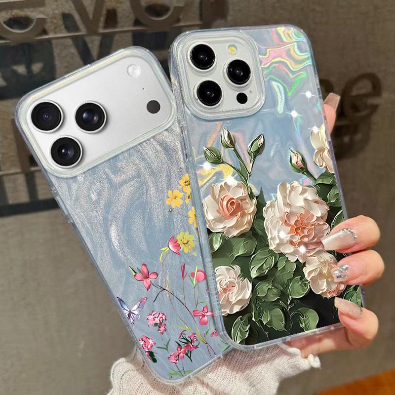 Oil Painting Rose Flower Phone Case For iPhone 17 Air 16e 16 15 14 Pro Max 13 17 Pro Max Shockproof Colorful Butterfly Pattern Hard PC Phone Cover