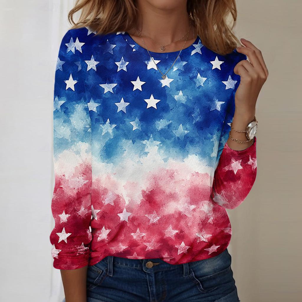 Women's Fashionable Casual Long-Sleeved Independence Day Print Neck Top