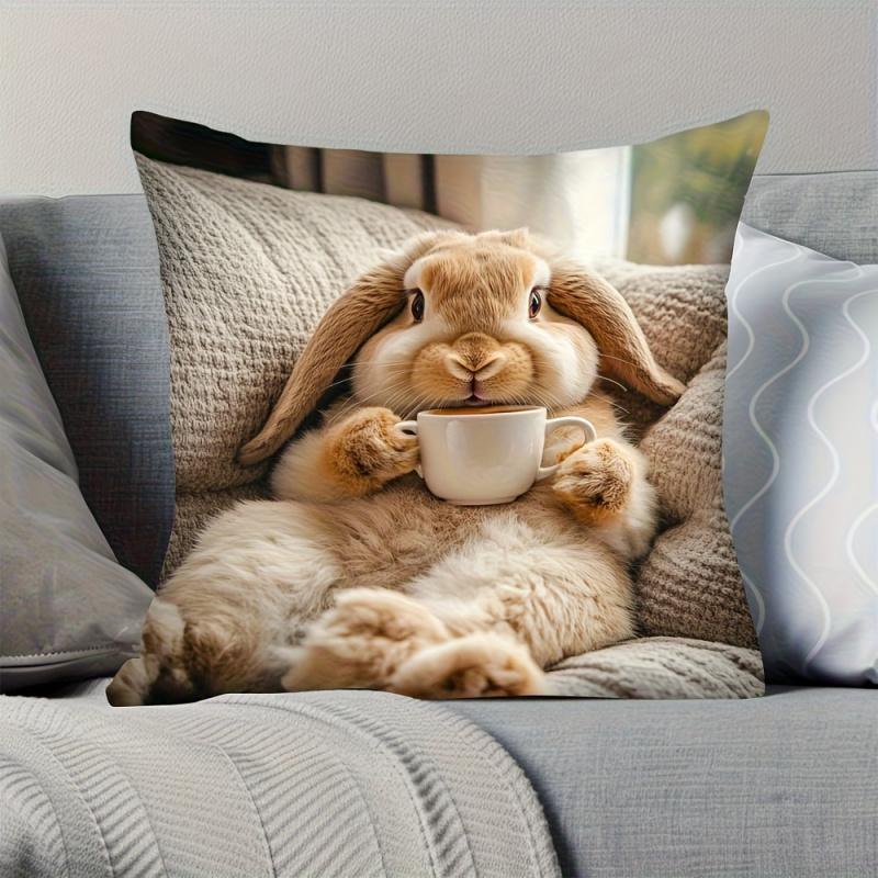 Vikama Cute Rabbit & Cup Print Cushion Cover Soft Decorative Throw Pillowcase For Home Sofa Bedroom Office - Polyester