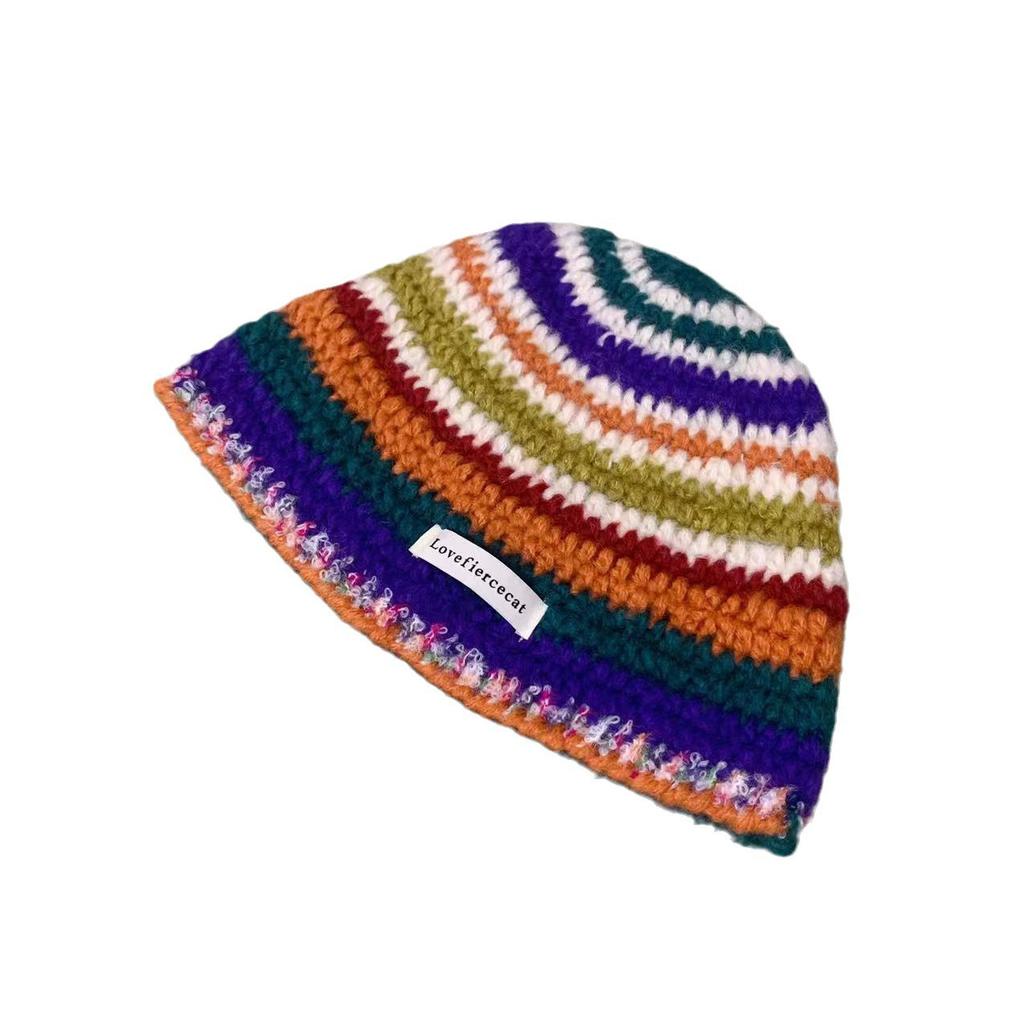 Niedliche Wollmütze mit Regenbogenstreifen für Damen, Ohrenschützer, Herbst und Winter, kleines Gesicht, gestrickte Mütze, großer Kopfumfang, winddicht, Stulpenmütze