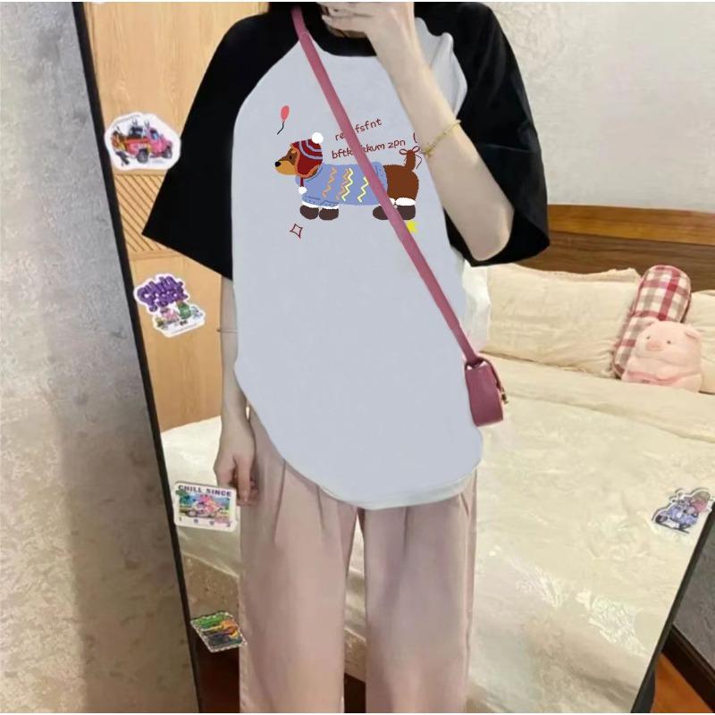 Loose Large Color-blocked Rotator Sleeve Rag-sleeved Short-sleeved T-shirt for Women In Spring and Summer Korean Style Design Top