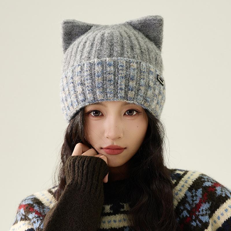 Cat Ear Wool Hat Women's Autumn Winter Warm Knitted Hat Thick Hat