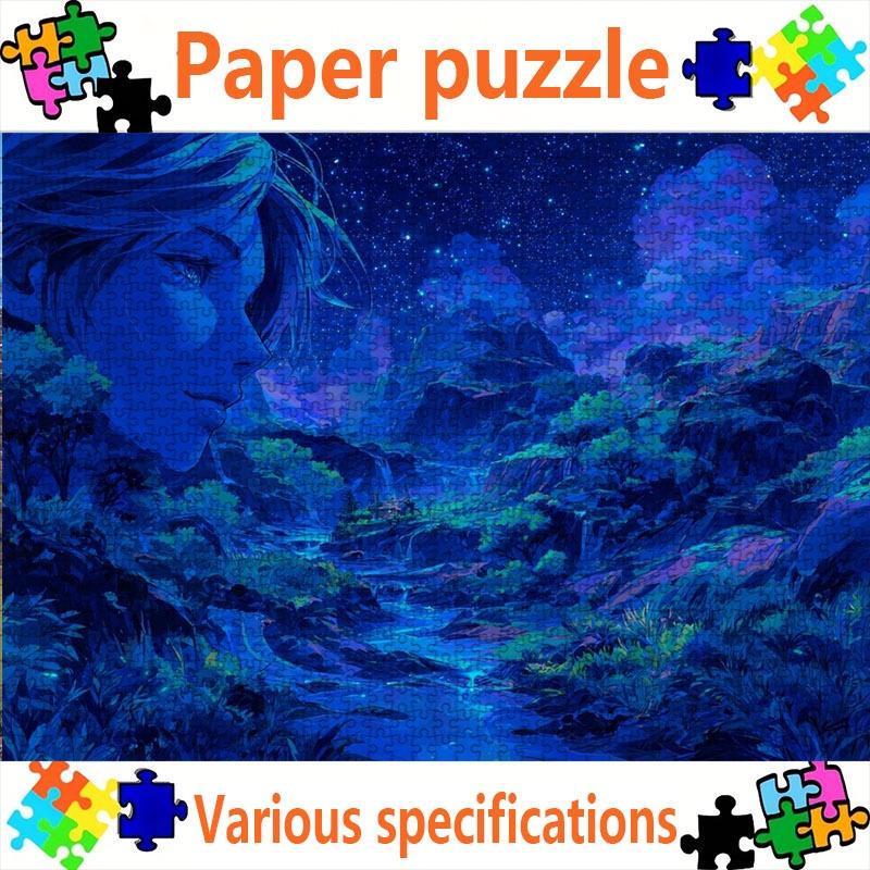 1000pcspcs Large Adult Paper Jigsaw Puzzle, Dreamy Night Landscape (Cool Blues, Purples, Starry Sky, Forest Stream), Multiple Specs, Ideal for Family,