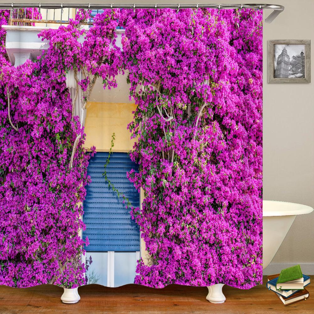 Flowers Scenery Waterproof Shower Curtains Rural Street Flowers Bathroom Curtains Polyester Fabric Washable Decor Bath Curtains