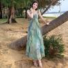 French Dopamine Print Suspender Temperament Dress Women's Summer Fairy Seaside Vacation Ruffled Floral Long Dress