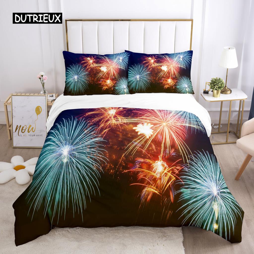 Firework Duvet Cover Set Queen Size Colourful Fires Bedding Set Microfiber Celebrate Merry Christmas Theme Soft Comforter Cover