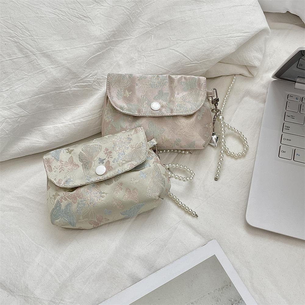 Street Trendy Butterfly Jacquard Makeup Bag Women's Multi-functional Mini Storage Pouch with Pearl Chain