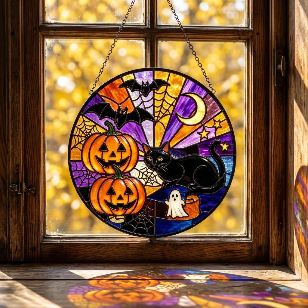 Drop-shipping New Arrival POD Printed 3D Embossed Halloween Stained Glass Suncatcher Hanging Ornament Home Decor Sun Catcher