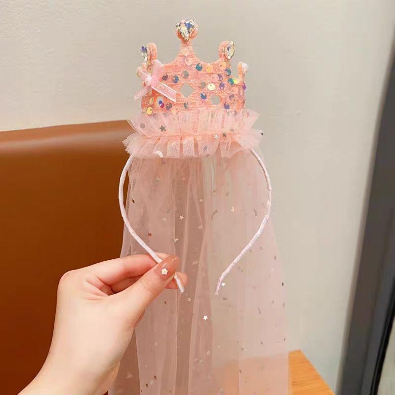 1Pcs Sparkly Tulle Hair Accessories Princess Crown  Headbands Pink White Sequin Party Headwear Cute Girl'S Dress Up Headband