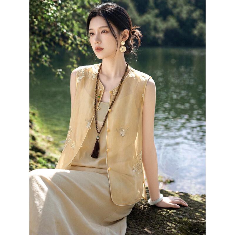 XWI New Chinese Style Imitation Acetate Camisole Dress Set with Embroidered Vest L