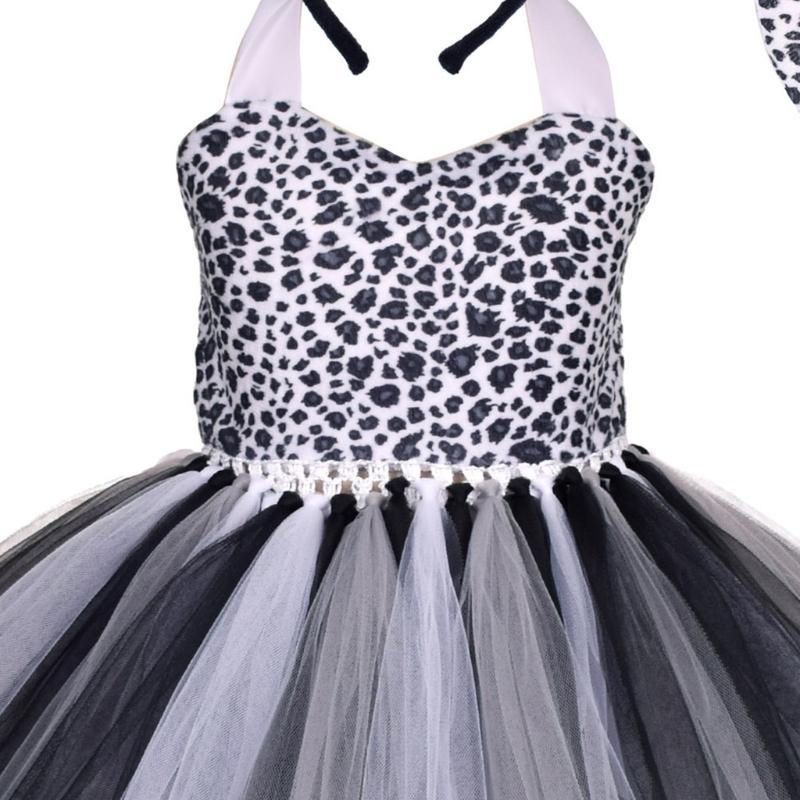 Kids Animal Ears Headband Tie Tail Tutu Dress Set Cosplay Halloween Costume Birthday Party Gift Hair Band Christmas Prop