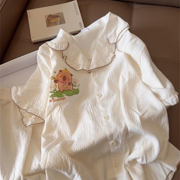 Japanese cartoon cute lace pajamas women's new short-sleeved shorts summer loungewear suit outside