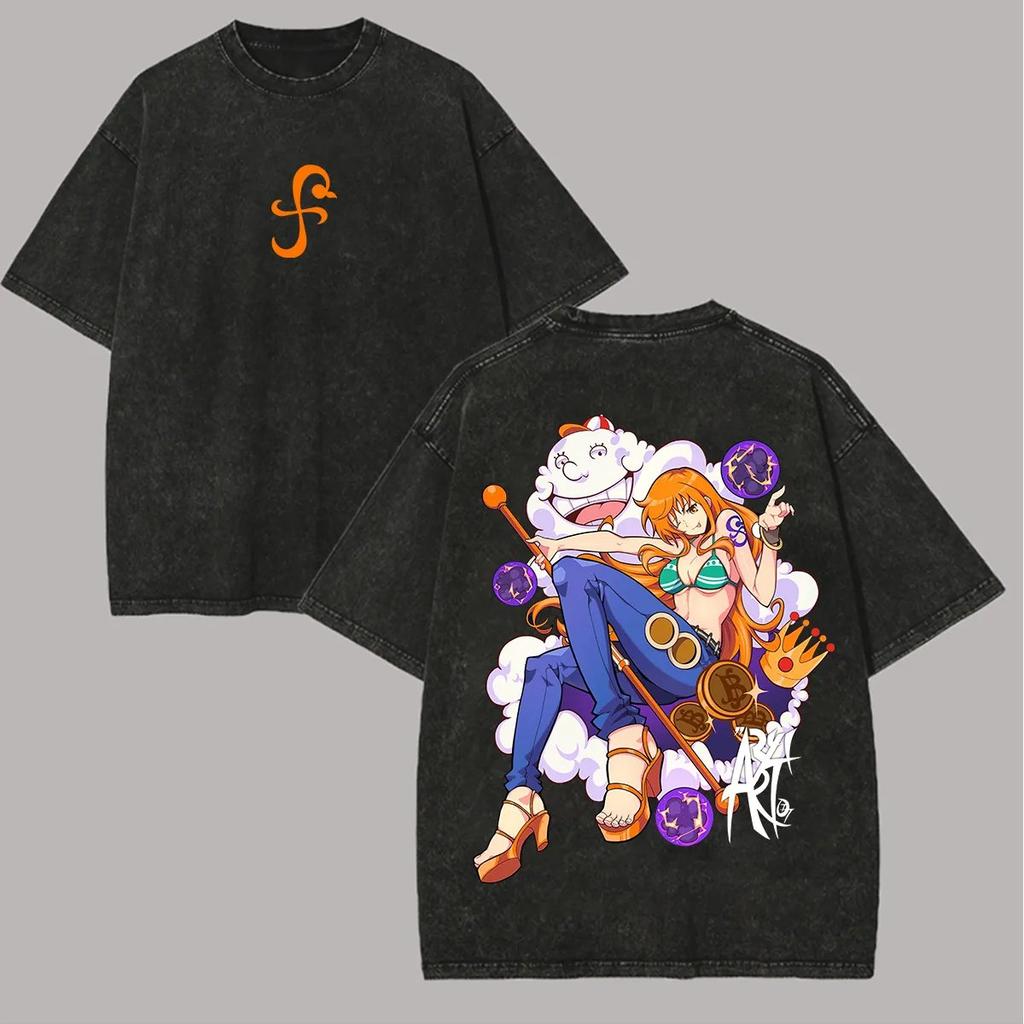 One Piece Graphic T Shirt Men Women Vintage Wash Cotton Short Sleeve Tee Summer Streetwear Casual Tops