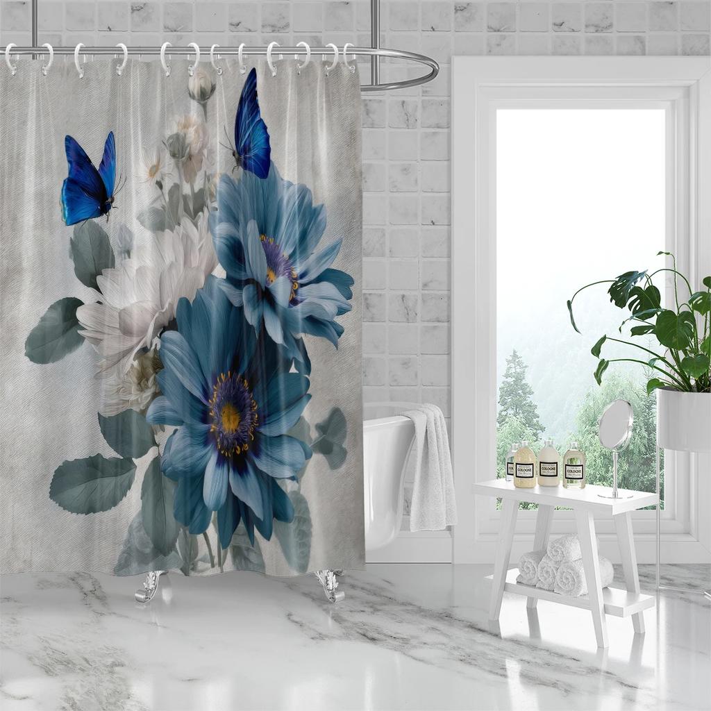 1PC 3D Floral, Daisy Pattern Printed Shower Curtain, Waterproof, with 12 Hooks, Bathroom Showers, Bathtub, Home Use