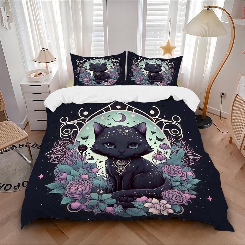 3pcs Witchy Cat Bedding Set, Including 1 Quilt Cover and 2 Pillow Shams, Without Filling, Soft and Comfortable Home Bedroom Fabric, Fashiona