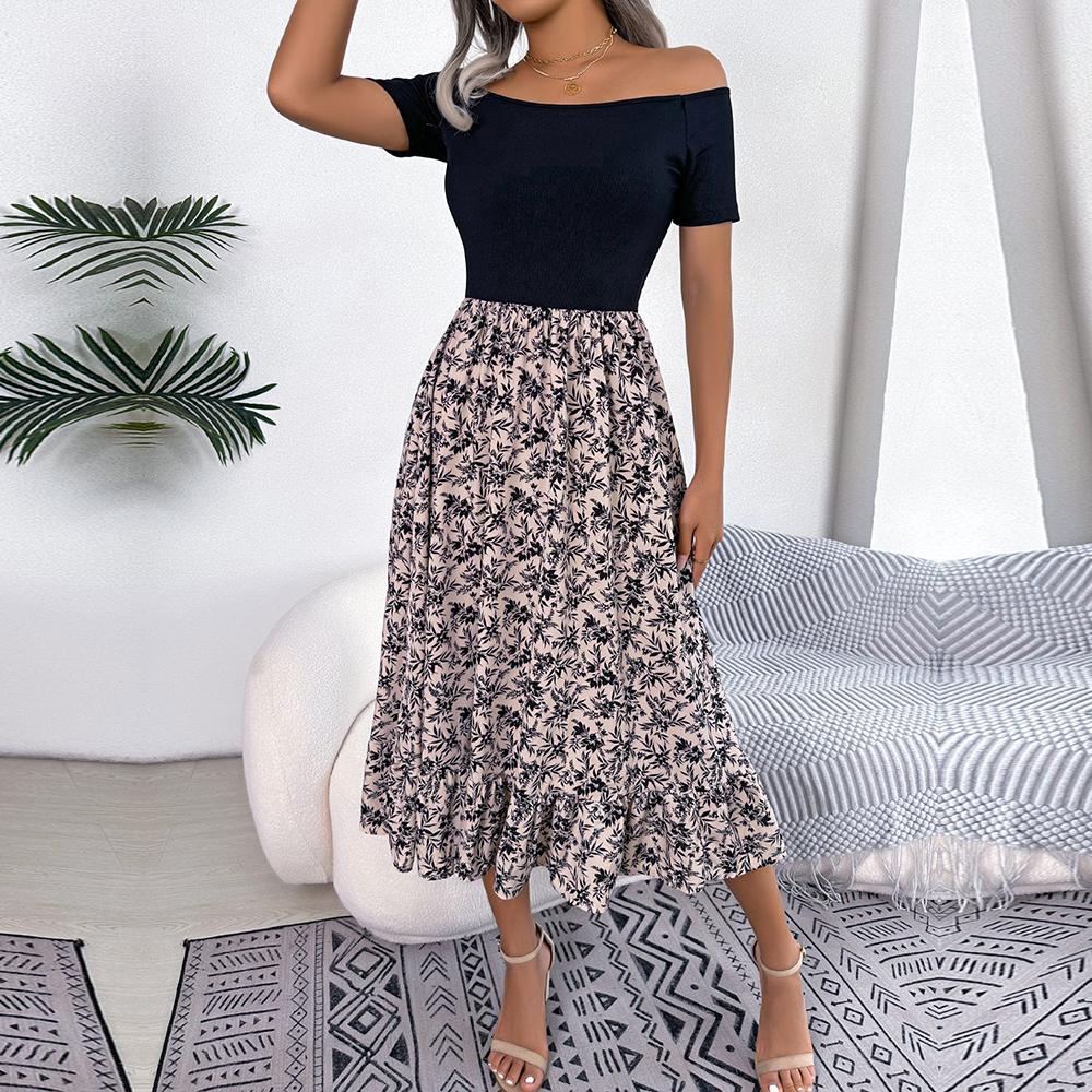 Kadın İlkbahar Yaz Omuz Açık Çiçek Fırfırlı Orta Uzun Elbise