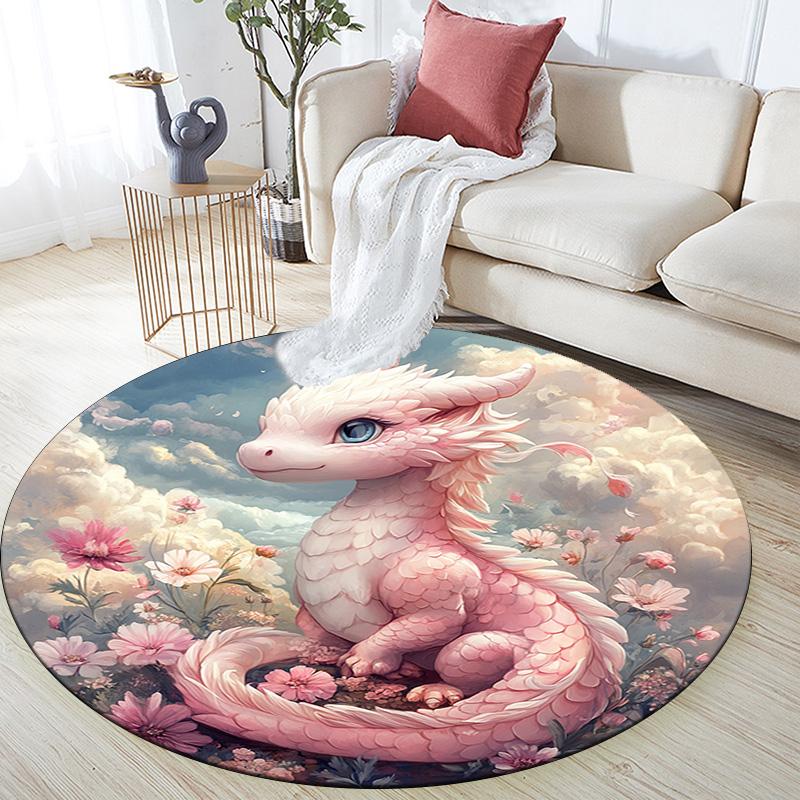 Pink Dragon Round Area Rug,Carpet Rug for Living Room Bedroom Sofa Playroom Decor,Non-slip Floor Mat