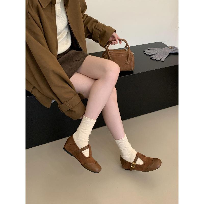 Inner heightening single shoes autumn retro suede one-pedal soft-soled Maillard Mary Jane ballet small leather shoes
