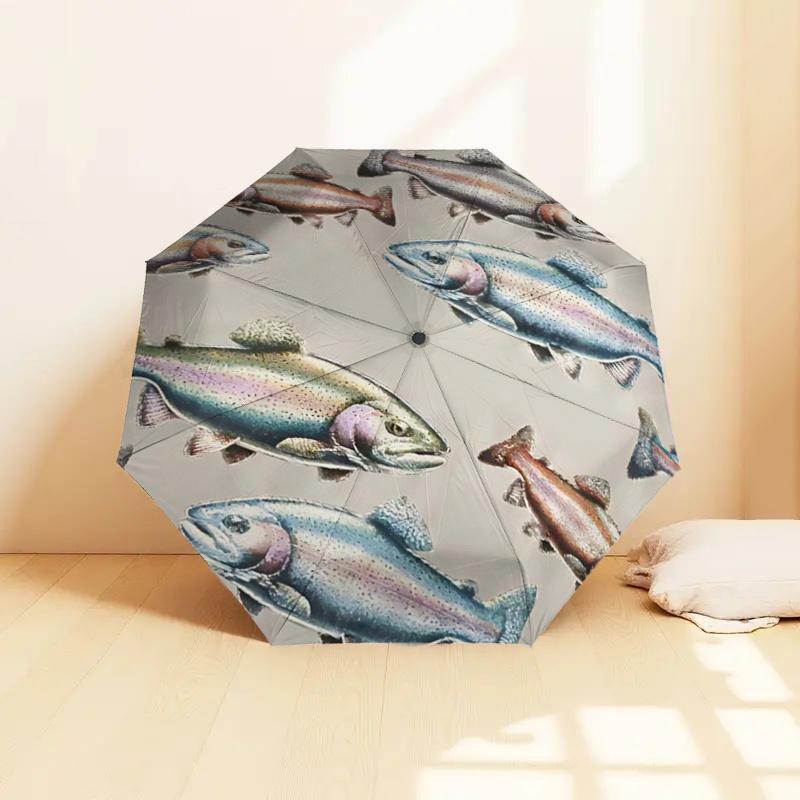 Regenbogenforelle Fischdruck Automatisches Öffnen und Schließen Regenschirm, Tragbares FaltDesign mit 8-Rippen Eisenrahmen, Outdoor-Regenschutz für Fans, Reisende, Da