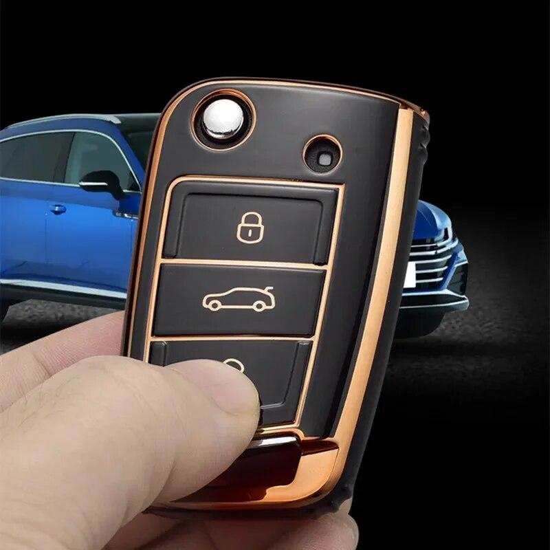 Gold Edge Car Key Case Full Cover Fob pro VW Volkswagen Golf 7 MK7 Tiguan MK2 pro SEAT Ateca Leon FR 2 Ibiza pro Škoda Octavia