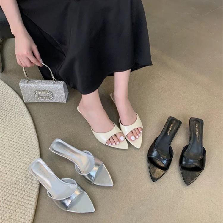 2025 Summer New French Pointed High Heels Women's Stiletto Open-toed Shallow Mouth One-word Slippers Wear Cool Slippers Women