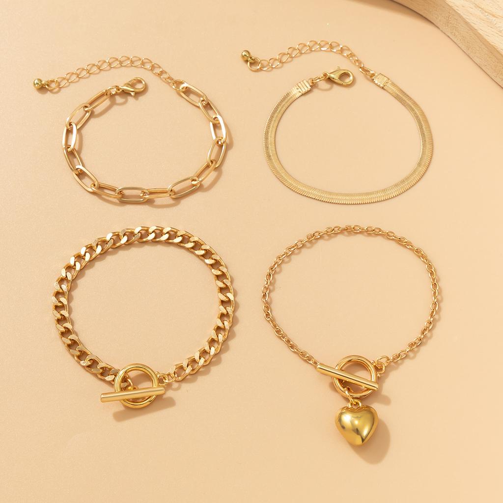Hip Hop Sweet Cool Metal Wind Love Pendant Bracelet, Punk Snake Bone Chain Bracelet Set