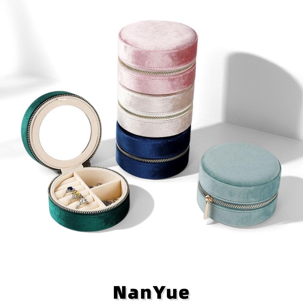 Custom Logo Round Velvet Jewelry Box with Mirror Portable Travel Zipper Rings Earrings Necklaces Jewelry Storage Box