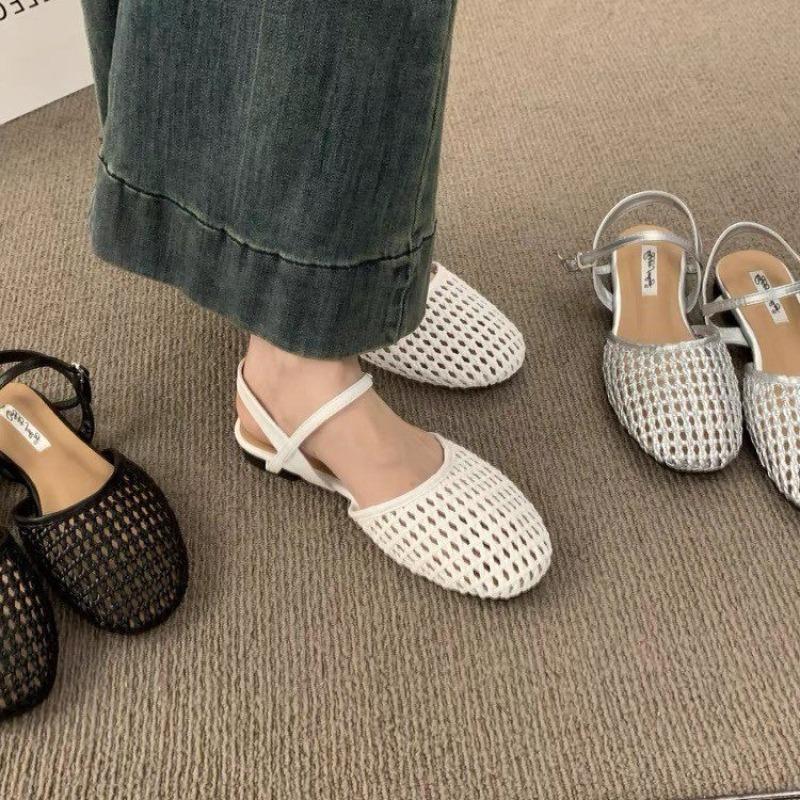 Women's Baotou Sandals Summer New Square Head Shallow Hollow Breathable One Line Buckle Sole Heel Shoes Zapatos Mujer