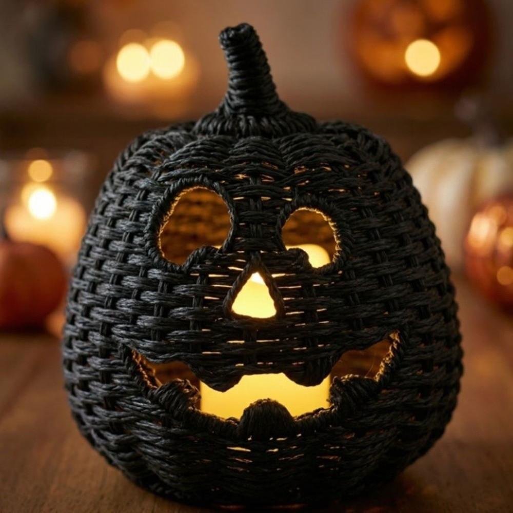 Woven Texture Halloween Pumpkin Statue Vintage Pumpkin Candle Holder  Desk Display
