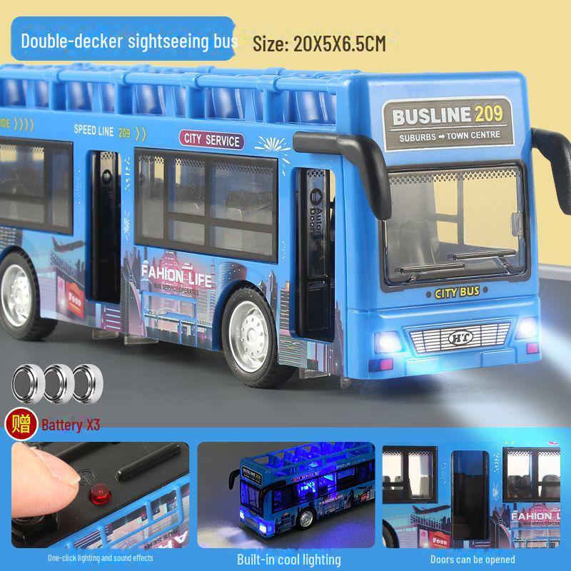 Children's Double-Decker Bus Toy with Open Doors, Lights, Music, and Inertia Simulation for Sightseeing and Public Transport Play.