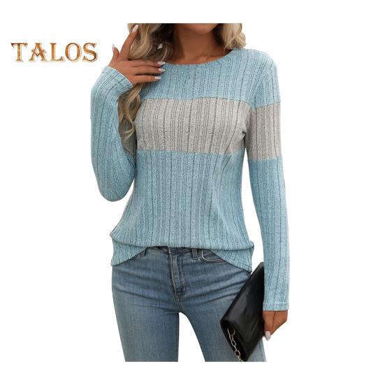 Dámské topy s kulatým výstřihem, dlouhým rukávem, barevný blok, žebrované pletací topy, volný střih, ležérní, svetrové topy, denní nošení