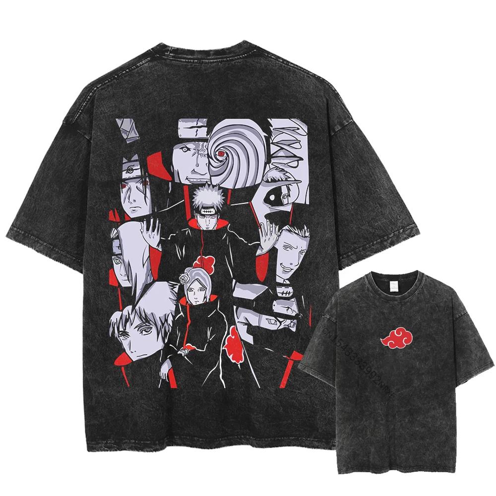 Harajuku Streetwear Washed TShirt Japanese Anime Naruto Tshirt Double Sided Cotton Tees Tops Men Short Sleeve Vintage Tshirt
