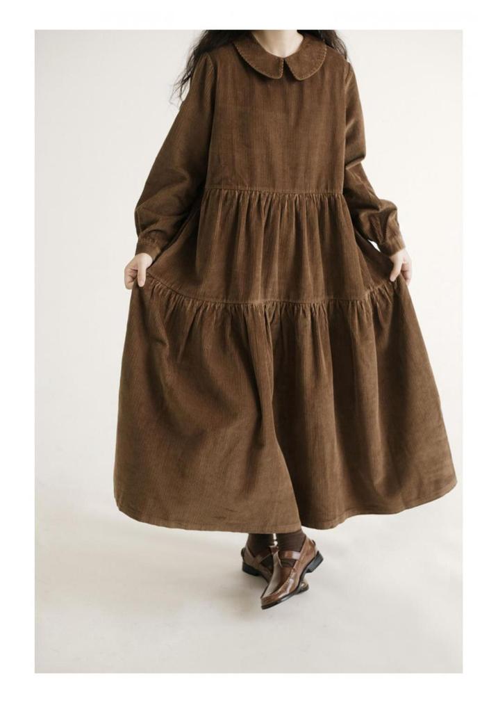 Japanese Style Corduroy Doll Collar Autumn A-Line Long-Sleeve Dress