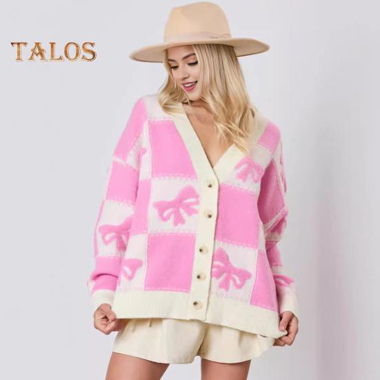 Women Autumn Winter Sweater V-Neck Long Sleeve Single Breasted Knitting Sweater Bowknot Plaid Print Sweater Coat