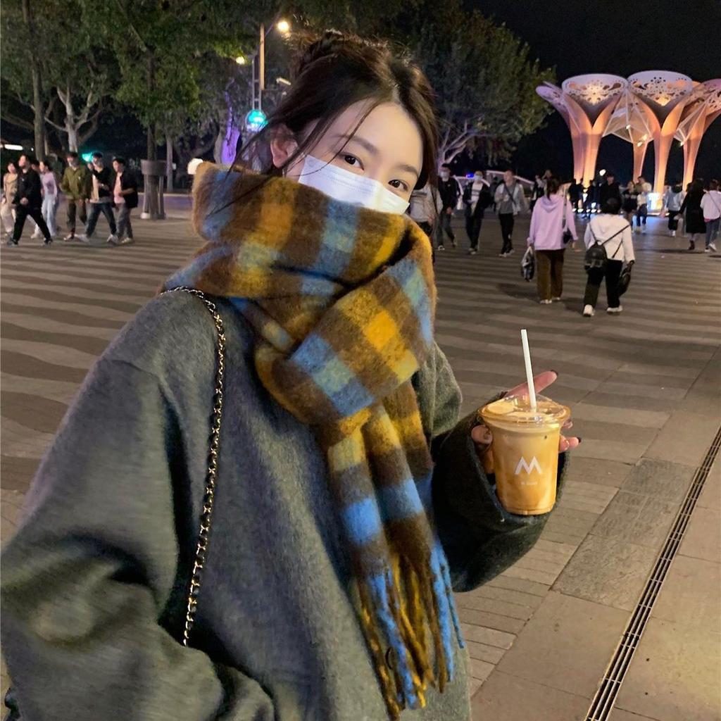 Korean Mohair Checkered Scarf Thickened and Warm for Women in Winter Long Faux Cashmere Scarf  Student Knitted