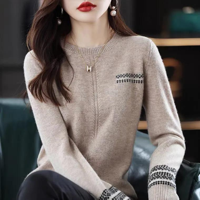 

Женская осенне-зимняя элегантная трикотажная рубашка с длинными рукавами и круглым вырезом, удобный свитер