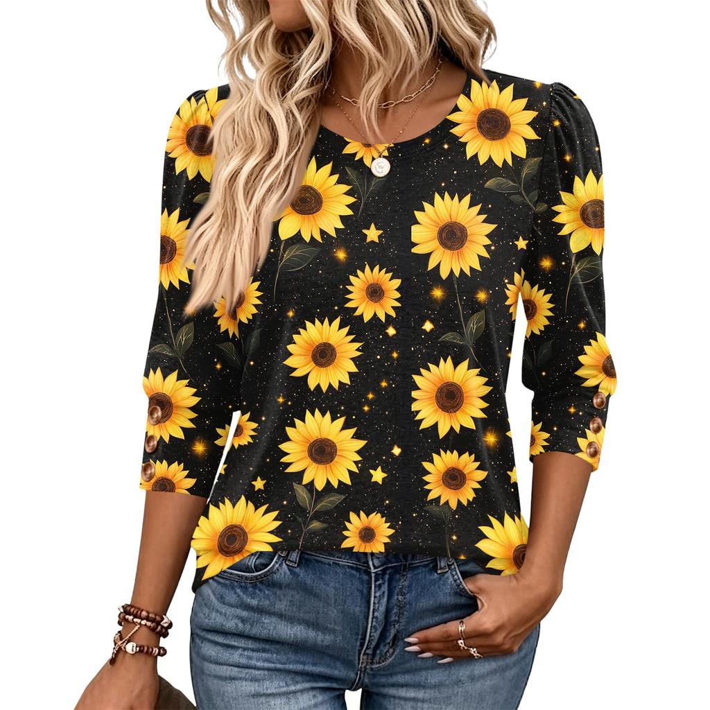 Women's Fashion Three-Quarter Sleeve Crewneck T-Shirt Casual Top for Everyday Wear